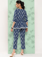 Thumbnail for Janasya Women's Blue Cotton Floral Printed Peplum Casual Top Set - Distacart