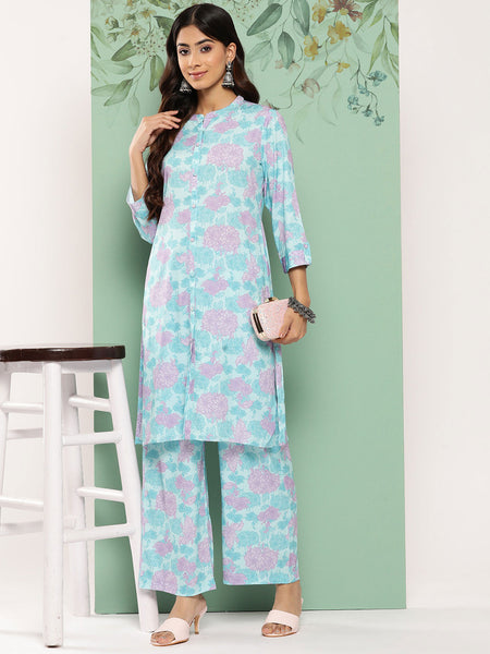 Janasya Women's Sky Blue Crepe Digital Printed Straight Casual Kurta Set - Distacart