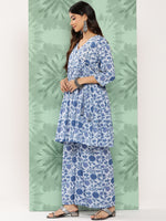Thumbnail for Janasya Women's Light Blue Cotton Botanical Printed Flared Party Tunic Set - Distacart
