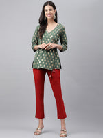 Thumbnail for Janasya Women's Green Crepe Foil Printed Angrakha Casual Top Set - Distacart