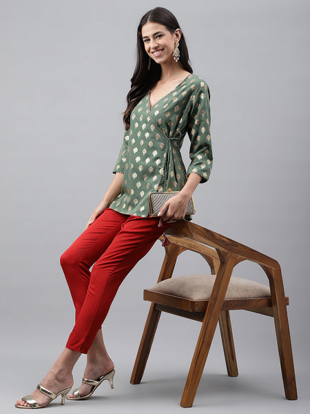 Janasya Women's Green Crepe Foil Printed Angrakha Casual Top Set - Distacart