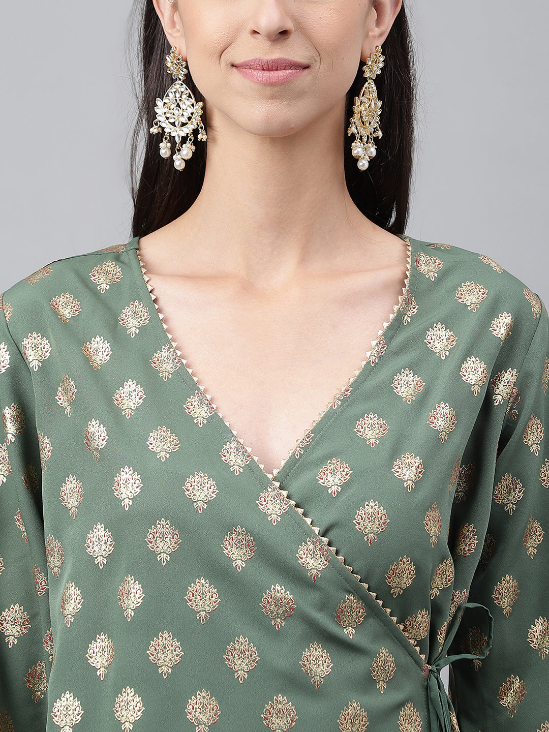 Janasya Women's Green Crepe Foil Printed Angrakha Casual Top Set - Distacart