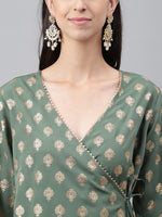 Thumbnail for Janasya Women's Green Crepe Foil Printed Angrakha Casual Top Set - Distacart