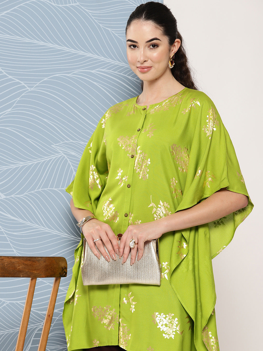 Janasya Women's Lime Green Rayon Foil Printed Kaftan Festive Kurta Set - Distacart