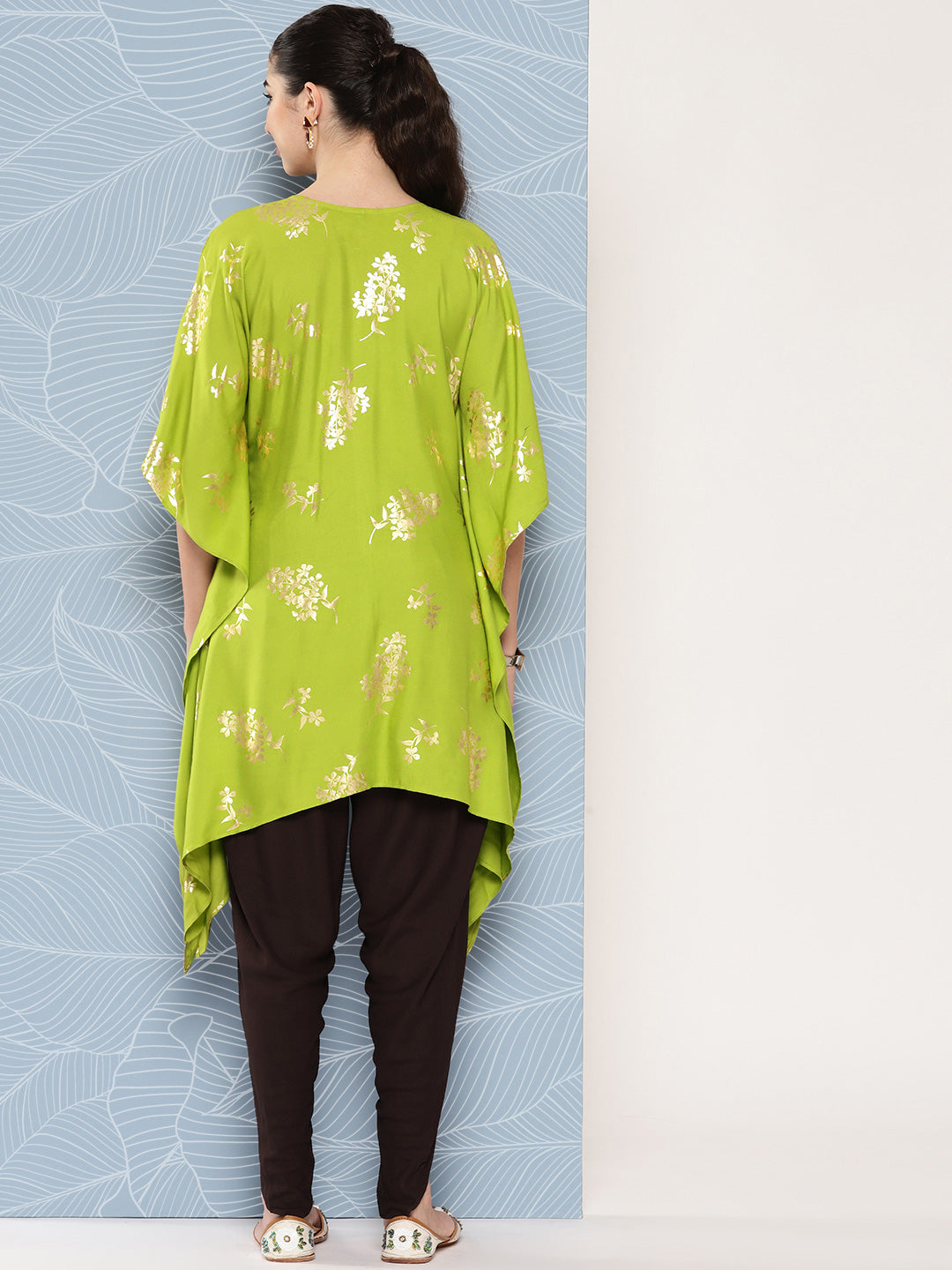 Janasya Women's Lime Green Rayon Foil Printed Kaftan Festive Kurta Set - Distacart