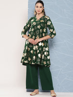 Thumbnail for Janasya Women's Bottle Green Crepe Foil Printed A-line Festive Short Kurta Set - Distacart