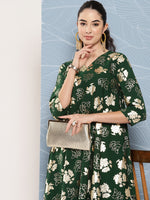 Thumbnail for Janasya Women's Bottle Green Crepe Foil Printed A-line Festive Short Kurta Set - Distacart