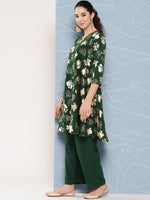 Thumbnail for Janasya Women's Bottle Green Crepe Foil Printed A-line Festive Short Kurta Set - Distacart