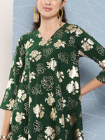 Thumbnail for Janasya Women's Bottle Green Crepe Foil Printed A-line Festive Short Kurta Set - Distacart