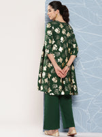 Thumbnail for Janasya Women's Bottle Green Crepe Foil Printed A-line Festive Short Kurta Set - Distacart
