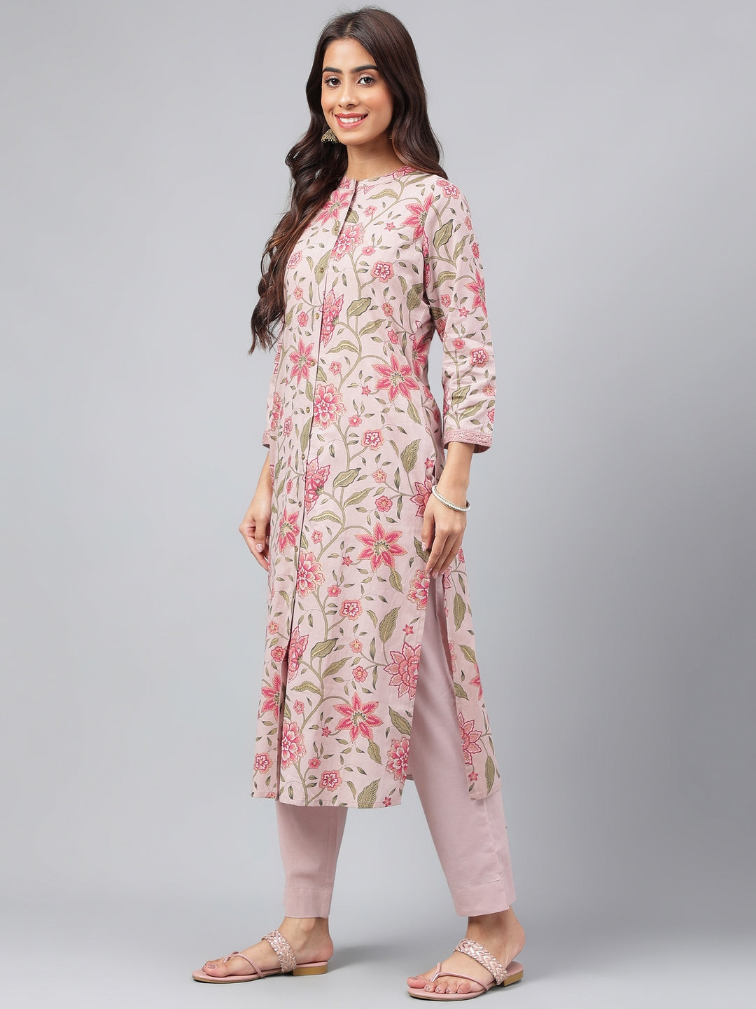 Janasya Women's Mauve Cotton Floral Printed Straight Festive Kurta Set - Distacart