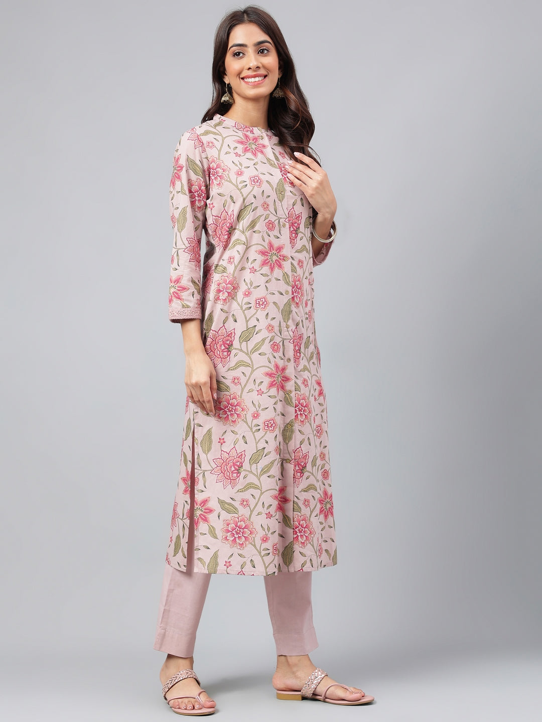 Janasya Women's Mauve Cotton Floral Printed Straight Festive Kurta Set - Distacart