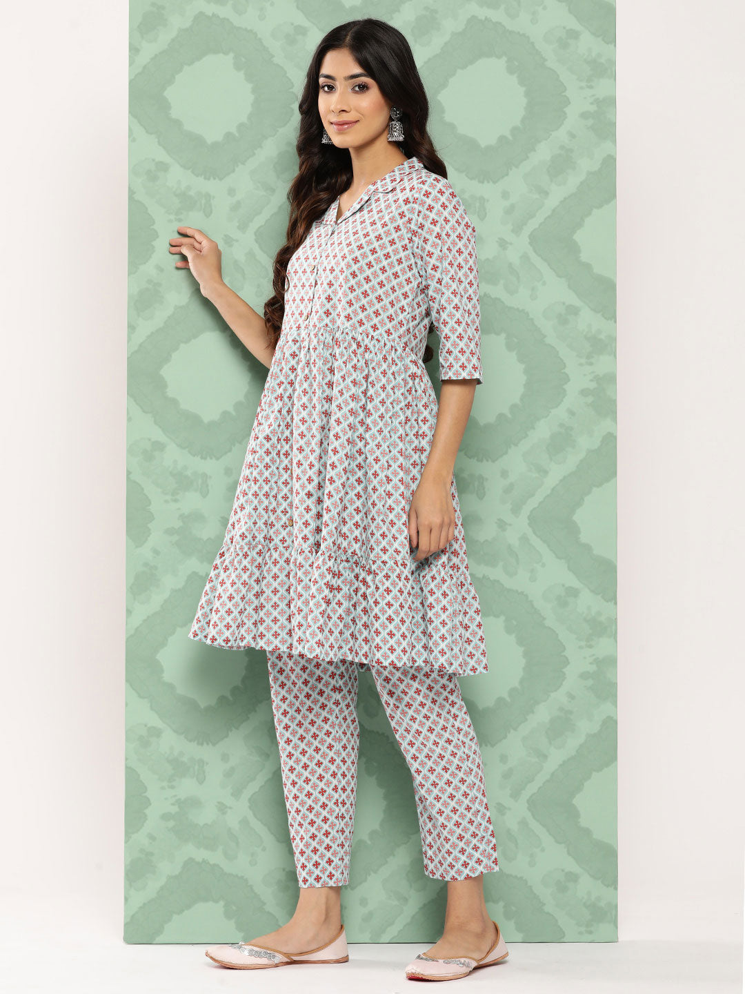 Janasya Women's Sky Blue Cotton Ethnic Motifs Gathered Casual Kurta Set - Distacart