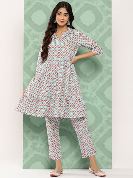 Janasya Women's Sky Blue Cotton Ethnic Motifs Gathered Casual Kurta Set - Distacart