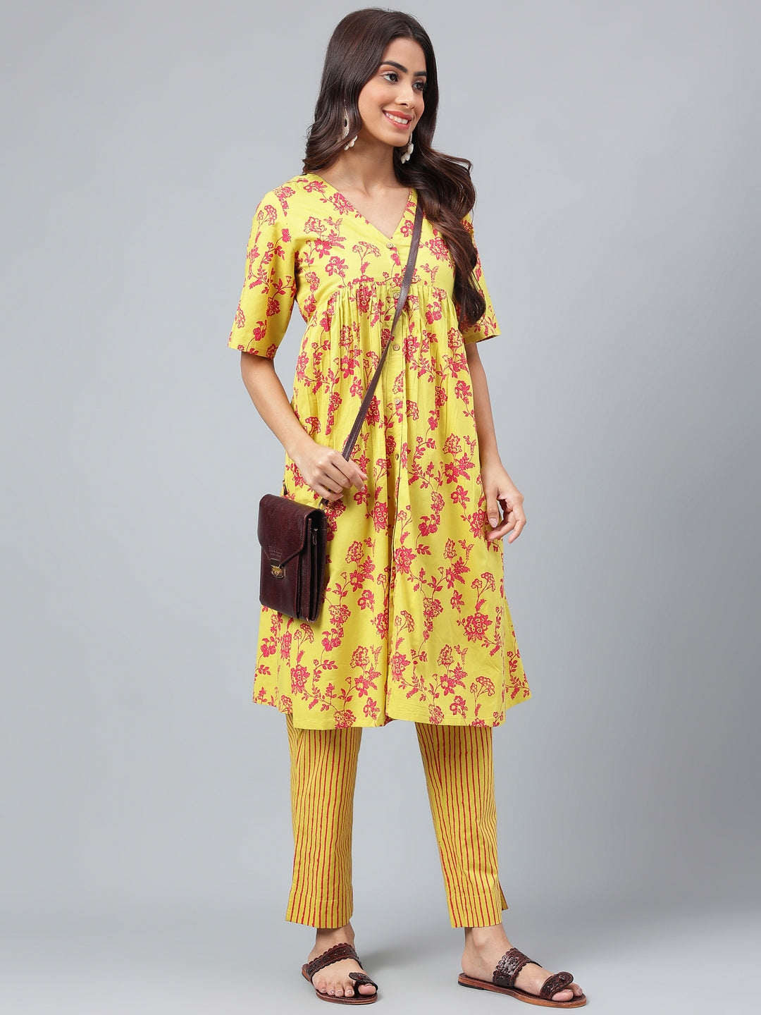 Janasya Women's Yellow Cotton Floral Printed Gathered Casual Kurta Set - Distacart