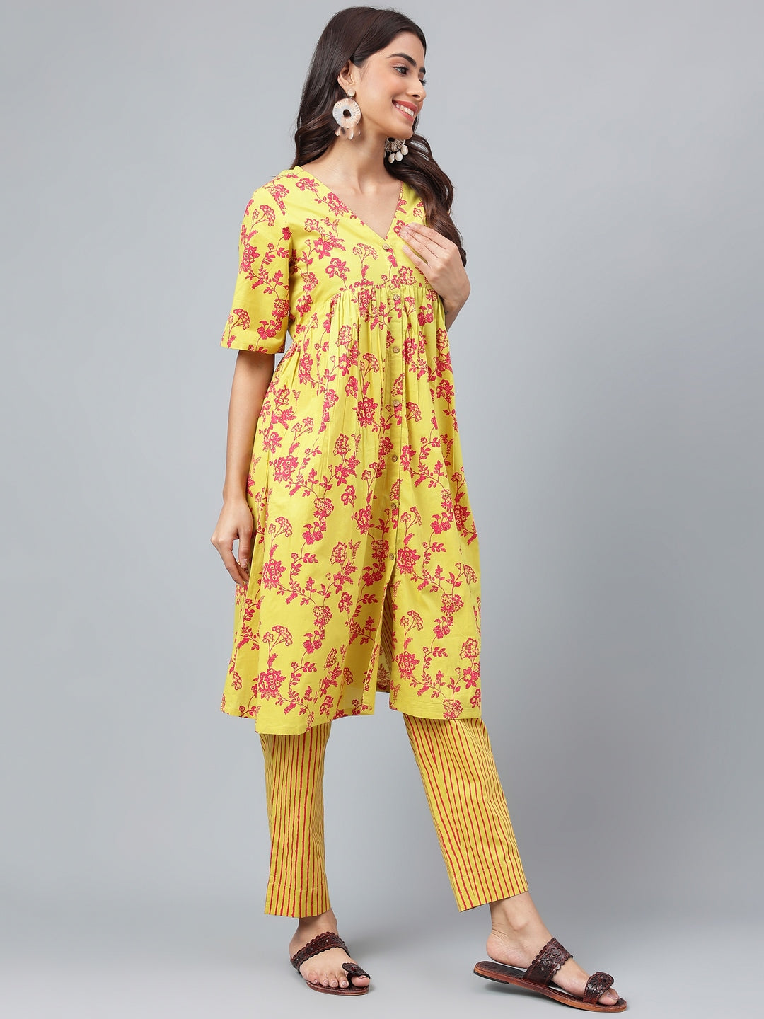 Janasya Women's Yellow Cotton Floral Printed Gathered Casual Kurta Set - Distacart