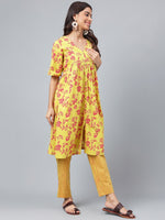 Thumbnail for Janasya Women's Yellow Cotton Floral Printed Gathered Casual Kurta Set - Distacart