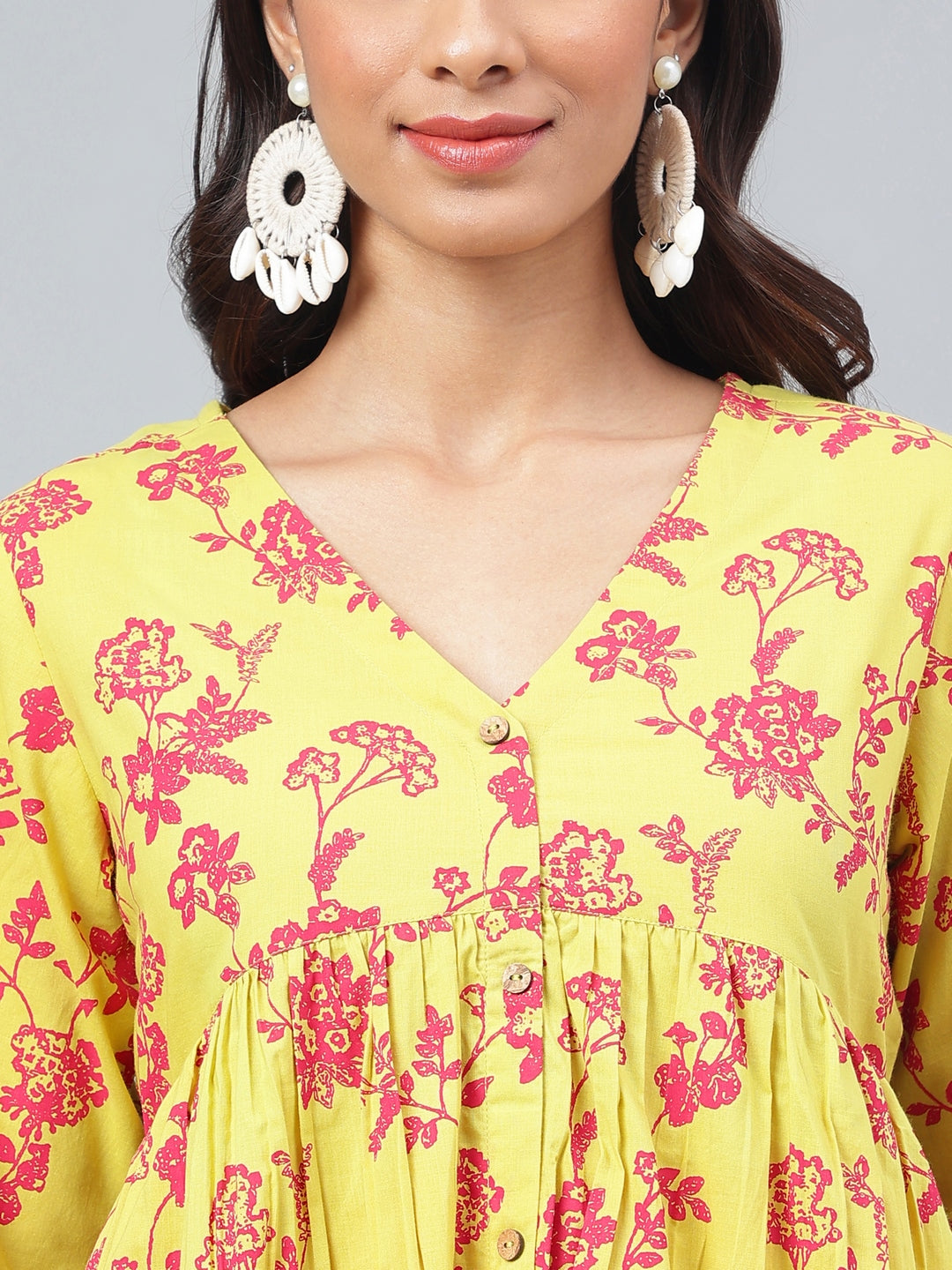 Janasya Women's Yellow Cotton Floral Printed Gathered Casual Kurta Set - Distacart