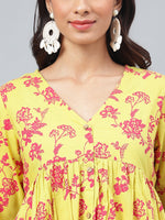 Thumbnail for Janasya Women's Yellow Cotton Floral Printed Gathered Casual Kurta Set - Distacart