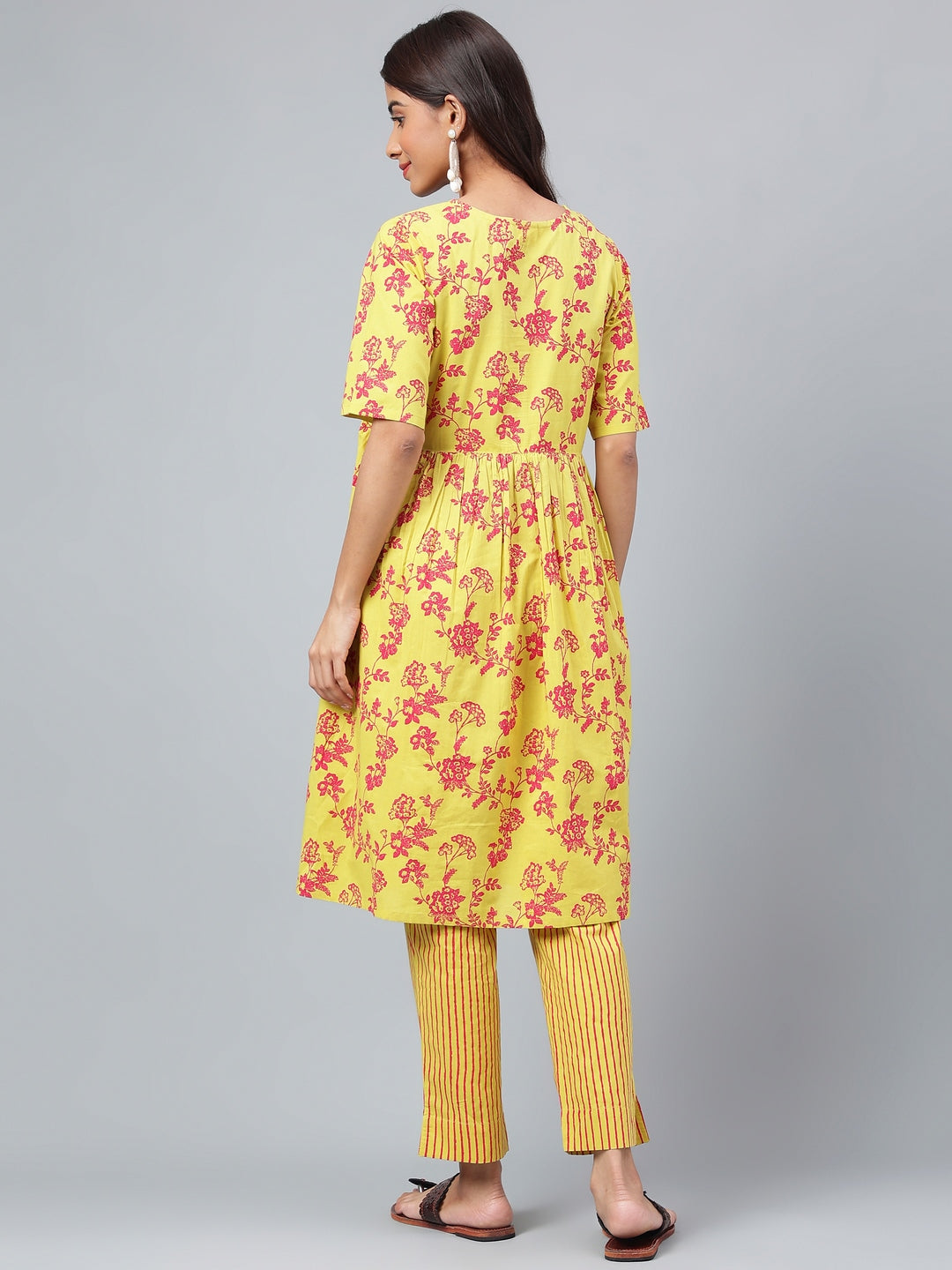 Janasya Women's Yellow Cotton Floral Printed Gathered Casual Kurta Set - Distacart