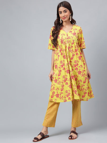 Janasya Women's Yellow Cotton Floral Printed Gathered Casual Kurta Set - Distacart