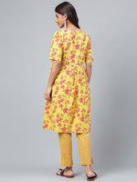 Thumbnail for Janasya Women's Yellow Cotton Floral Printed Gathered Casual Kurta Set - Distacart