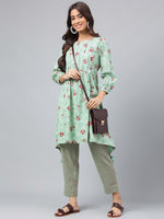 Thumbnail for Janasya Women's Green Cotton Floral Printed Handkerchief Casual Kurta Set - Distacart