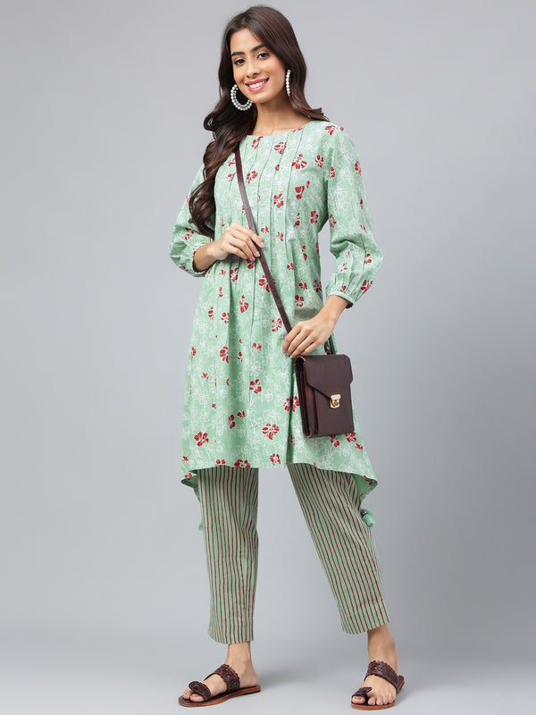 Janasya Women's Green Cotton Floral Printed Handkerchief Casual Kurta Set - Distacart