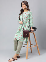 Thumbnail for Janasya Women's Green Cotton Floral Printed Handkerchief Casual Kurta Set - Distacart