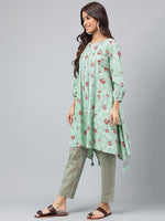 Thumbnail for Janasya Women's Green Cotton Floral Printed Handkerchief Casual Kurta Set - Distacart