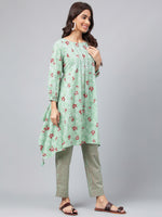 Thumbnail for Janasya Women's Green Cotton Floral Printed Handkerchief Casual Kurta Set - Distacart