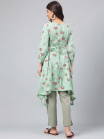 Thumbnail for Janasya Women's Green Cotton Floral Printed Handkerchief Casual Kurta Set - Distacart