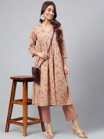 Thumbnail for Janasya Women's Brown Cotton Floral Printed Gathered Casual Kurta Set - Distacart