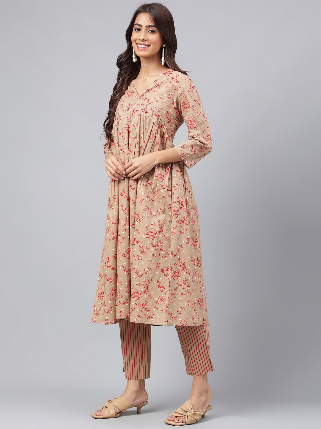Janasya Women's Brown Cotton Floral Printed Gathered Casual Kurta Set - Distacart