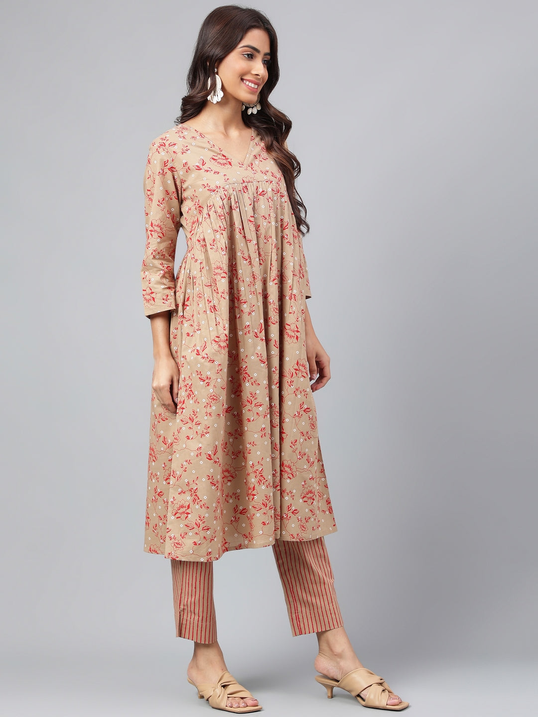 Janasya Women's Brown Cotton Floral Printed Gathered Casual Kurta Set - Distacart