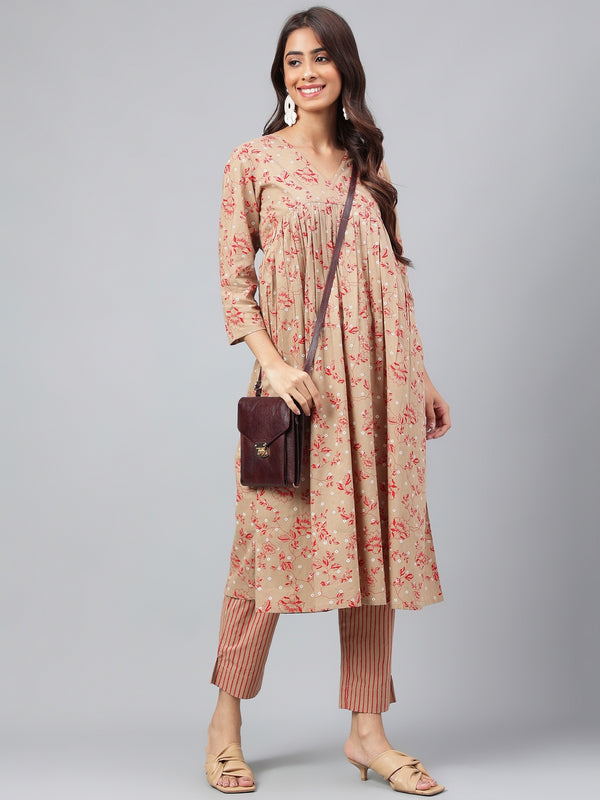 Janasya Women's Brown Cotton Floral Printed Gathered Casual Kurta Set - Distacart