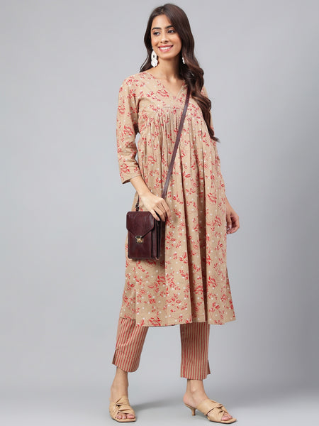 Janasya Women's Brown Cotton Floral Printed Gathered Casual Kurta Set - Distacart