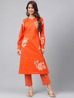 Thumbnail for Janasya Women's Orange Cotton Floral Printed A-line Festive Kurta Set - Distacart