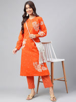 Thumbnail for Janasya Women's Orange Cotton Floral Printed A-line Festive Kurta Set - Distacart