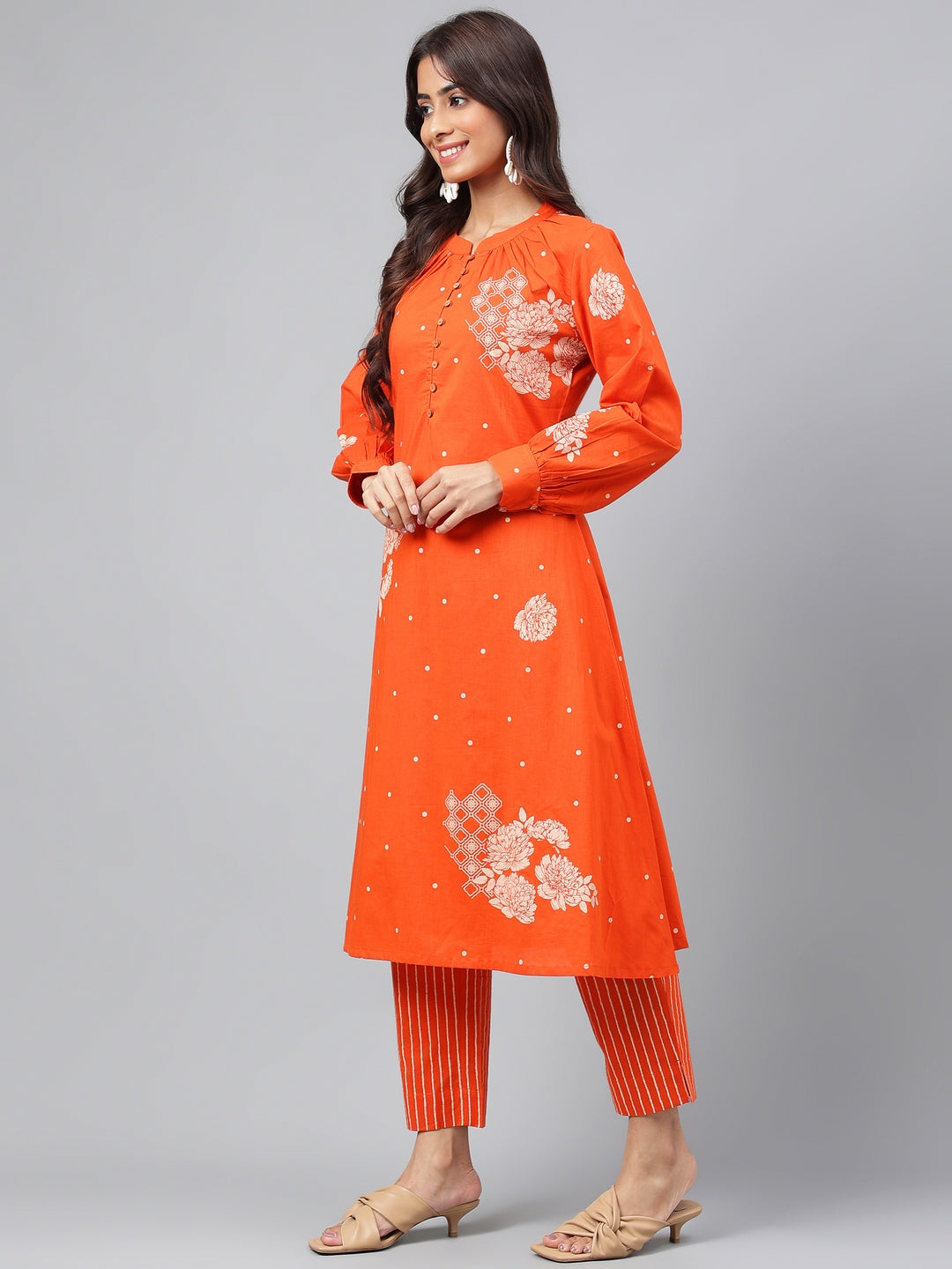 Janasya Women's Orange Cotton Floral Printed A-line Festive Kurta Set - Distacart