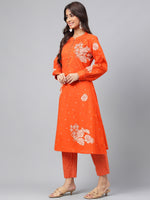 Thumbnail for Janasya Women's Orange Cotton Floral Printed A-line Festive Kurta Set - Distacart