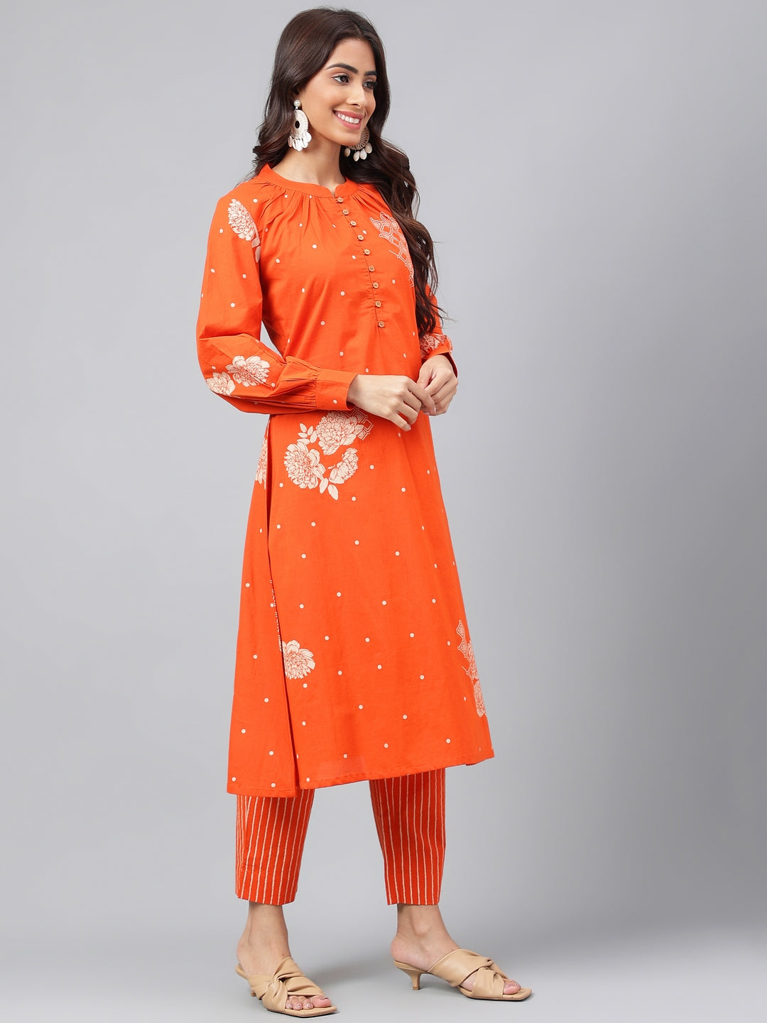 Janasya Women's Orange Cotton Floral Printed A-line Festive Kurta Set - Distacart