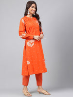 Thumbnail for Janasya Women's Orange Cotton Floral Printed A-line Festive Kurta Set - Distacart