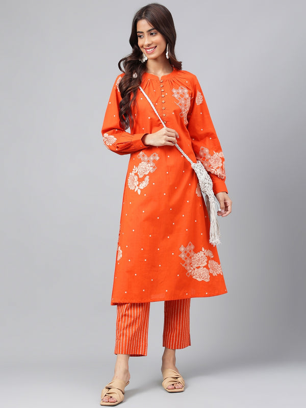 Janasya Women's Orange Cotton Floral Printed A-line Festive Kurta Set - Distacart