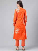Thumbnail for Janasya Women's Orange Cotton Floral Printed A-line Festive Kurta Set - Distacart