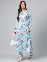 Thumbnail for Janasya Women's Aqua Blue Satin Digital Floral Printed Straight Party kurta Set - Distacart