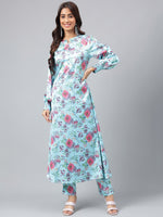 Thumbnail for Janasya Women's Aqua Blue Satin Digital Floral Printed Straight Party kurta Set - Distacart
