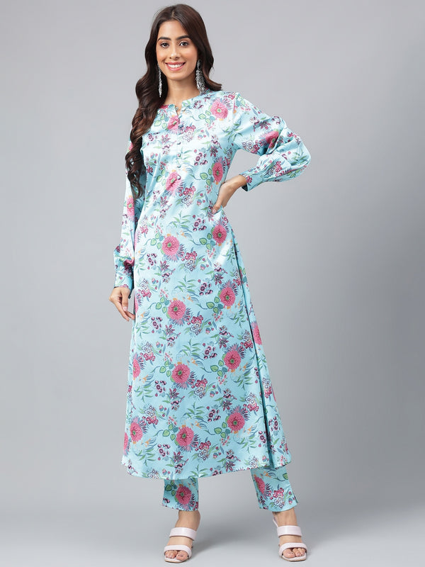 Janasya Women's Aqua Blue Satin Digital Floral Printed Straight Party kurta Set - Distacart