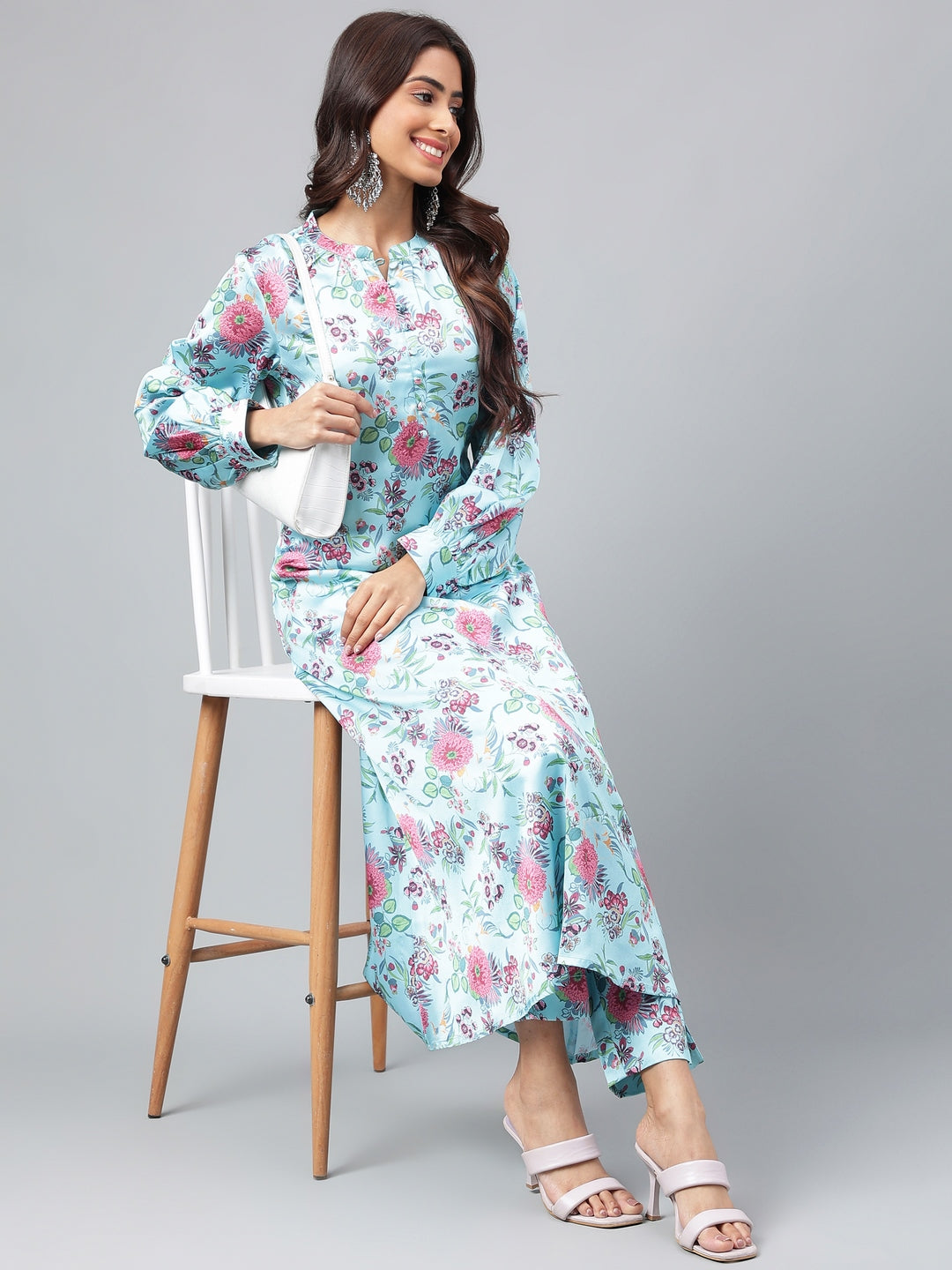 Janasya Women's Aqua Blue Satin Digital Floral Printed Straight Party kurta Set - Distacart
