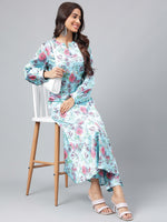 Thumbnail for Janasya Women's Aqua Blue Satin Digital Floral Printed Straight Party kurta Set - Distacart